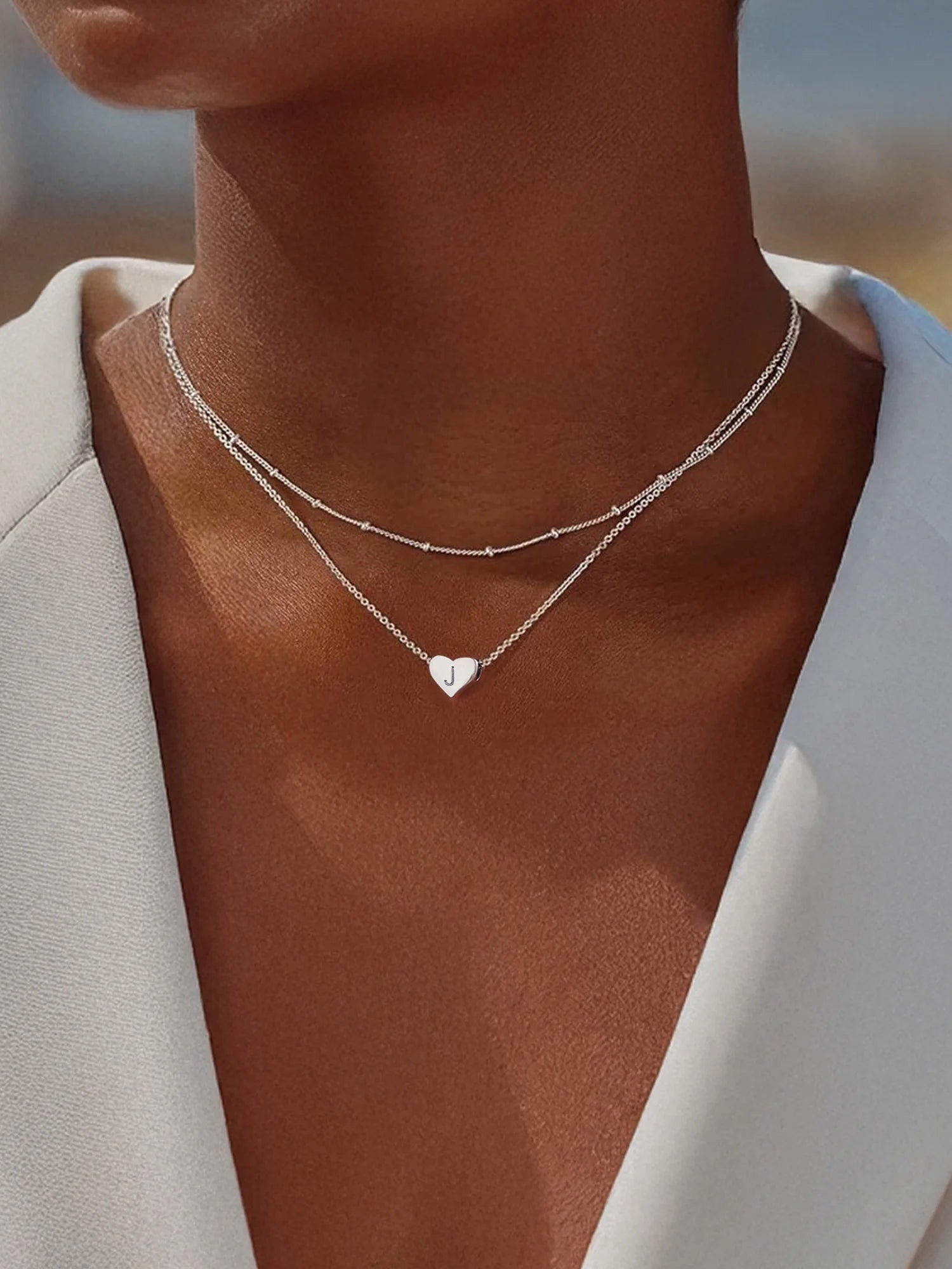 Chicsilver Collares Con Inicial Para Mujer, Collares De Colgante De Corazón De Plata Esterlina, Collar Delicado De Cadena Con Cuentas En Capas Para Uso Diario, Regalo De Joyería Para Mujer