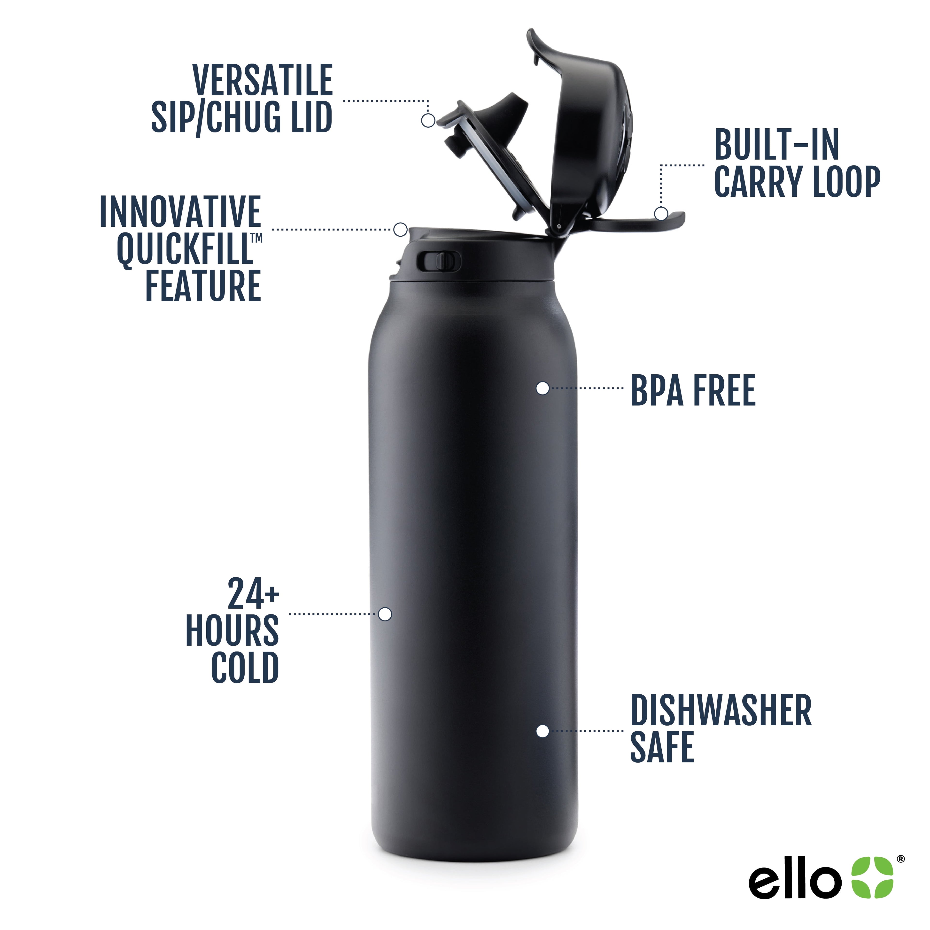 Flip & Fill 32Oz Insulated Stainless Steel Water Bottle, Leak-Proof Straw Lid, Black