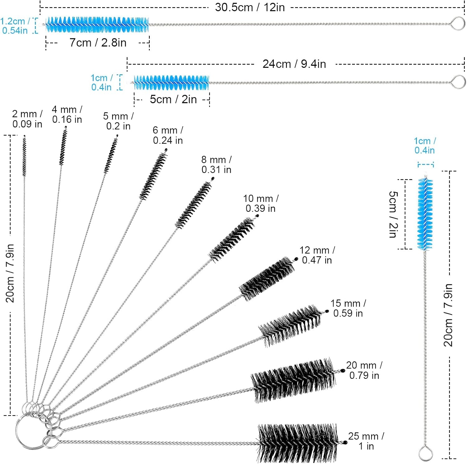 Reusable Straw Cleaning Brushes Bottle Test Tube Long Straw Cleaning Brush Nylon Washing Tool Reusable Bottle Brush in Different Size (Blue-Black,16 Pieces)