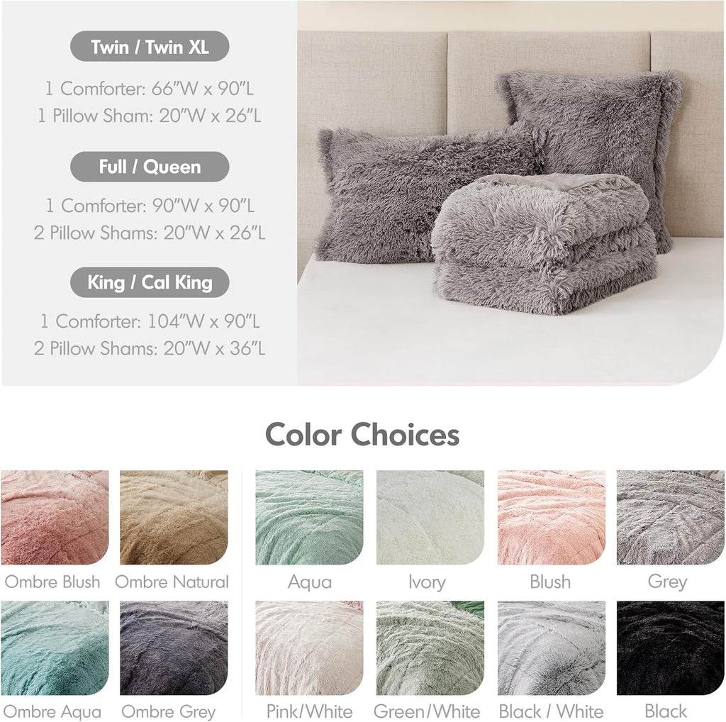 Malea Shaggy Comforter Set, Long Faux Fur Cozy down Alternative, Modern Casual Ultra Soft All Season Fluffy Bedding with Matching Sham, King/Cal King, Grey 3 Piece