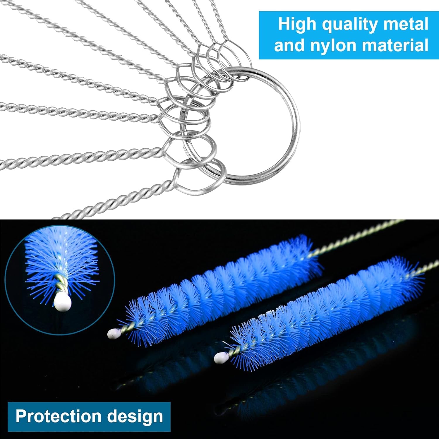 Reusable Straw Cleaning Brushes Bottle Test Tube Long Straw Cleaning Brush Nylon Washing Tool Reusable Bottle Brush in Different Size (Blue-Black,16 Pieces)