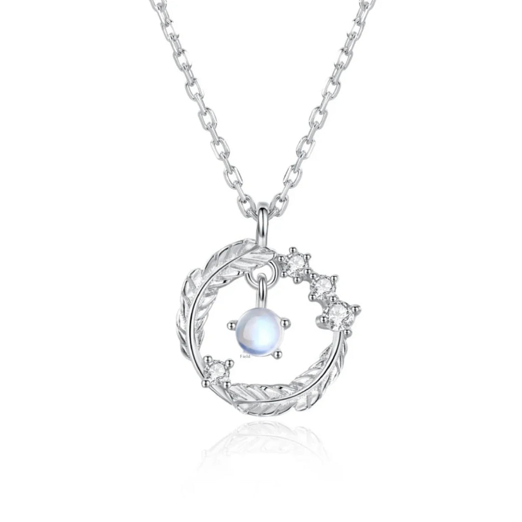 925 Silver Plated Feather Pendant Necklace with Moonstone Bead – Color Changing Aurora Choker for Women