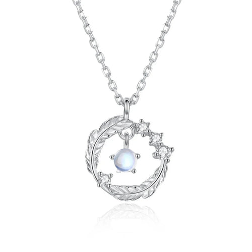925 Silver Plated Feather Pendant Necklace with Moonstone Bead – Color Changing Aurora Choker for Women