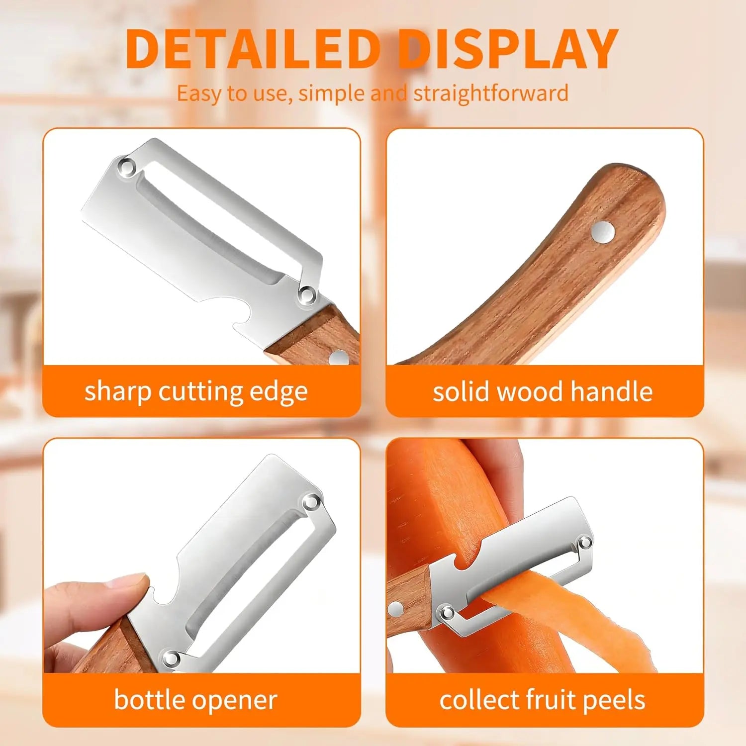 2PCS 2-In-1 Vegetable Peeler with Bottle Opener, Premium Stainless Steel Sharp Blade, Ergonomic Wooden Handle Kitchen Tool for Apple Potato Pumpkin Papaya Carrot Zucchini