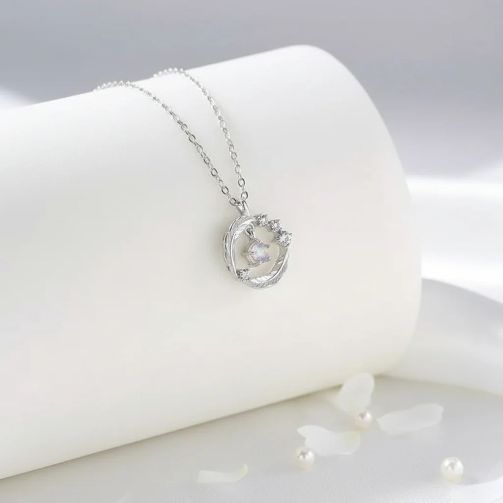 925 Silver Plated Feather Pendant Necklace with Moonstone Bead – Color Changing Aurora Choker for Women