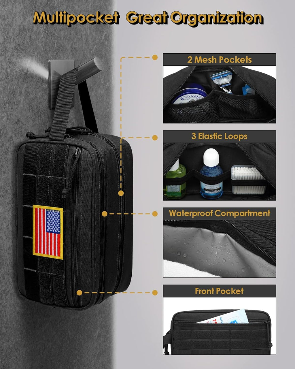Toiletry Bag for Men - Dry Wet Separate Travel Toiletry Bag, Tactical Molle Dopp Kit for Men with Water-Resistant Shaving Bag for Adult Women for Travel, Black