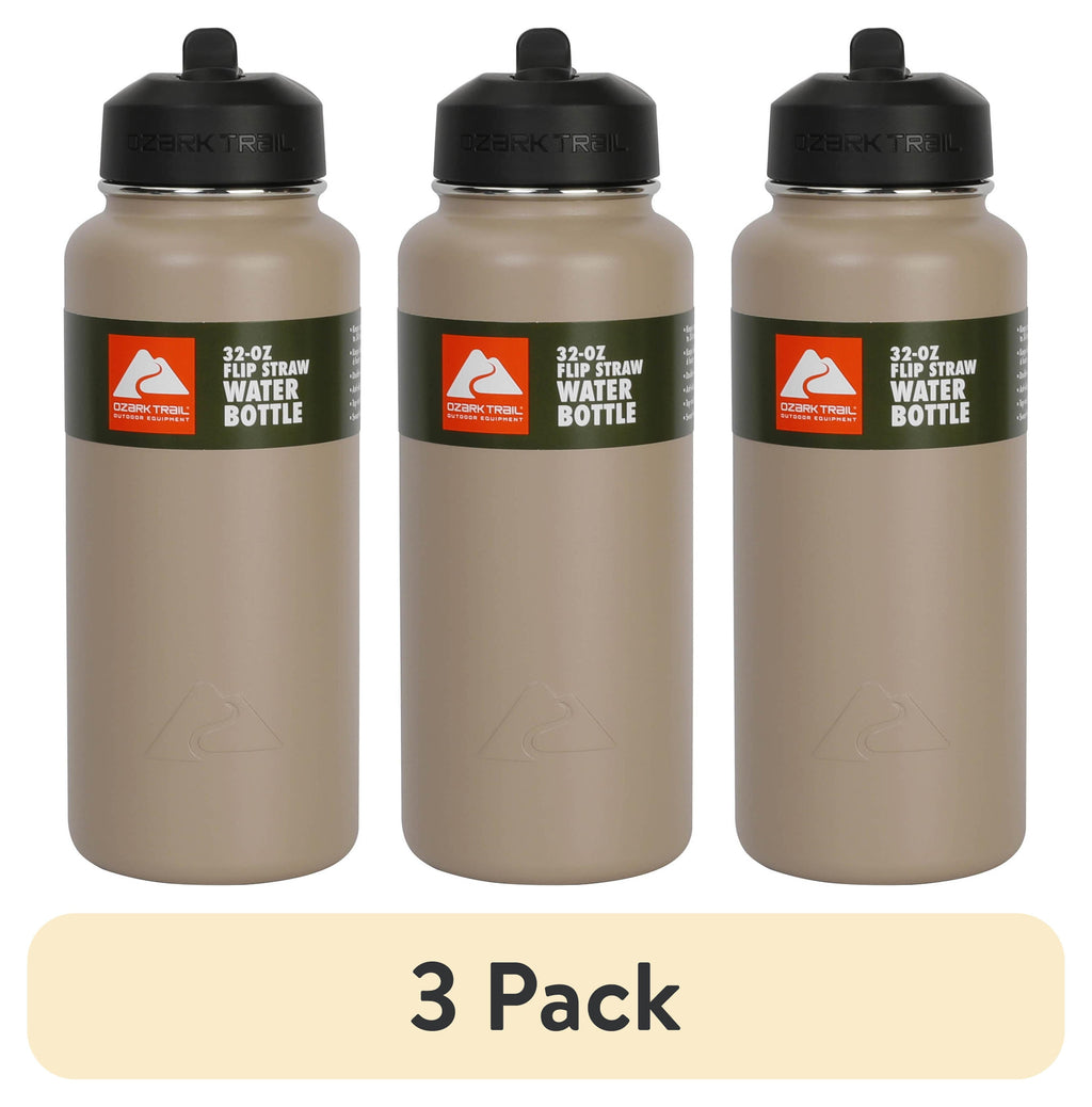 (3 Pack)  32 Oz Stainless Steel Insulated Flip-Straw Water Bottle, Tan