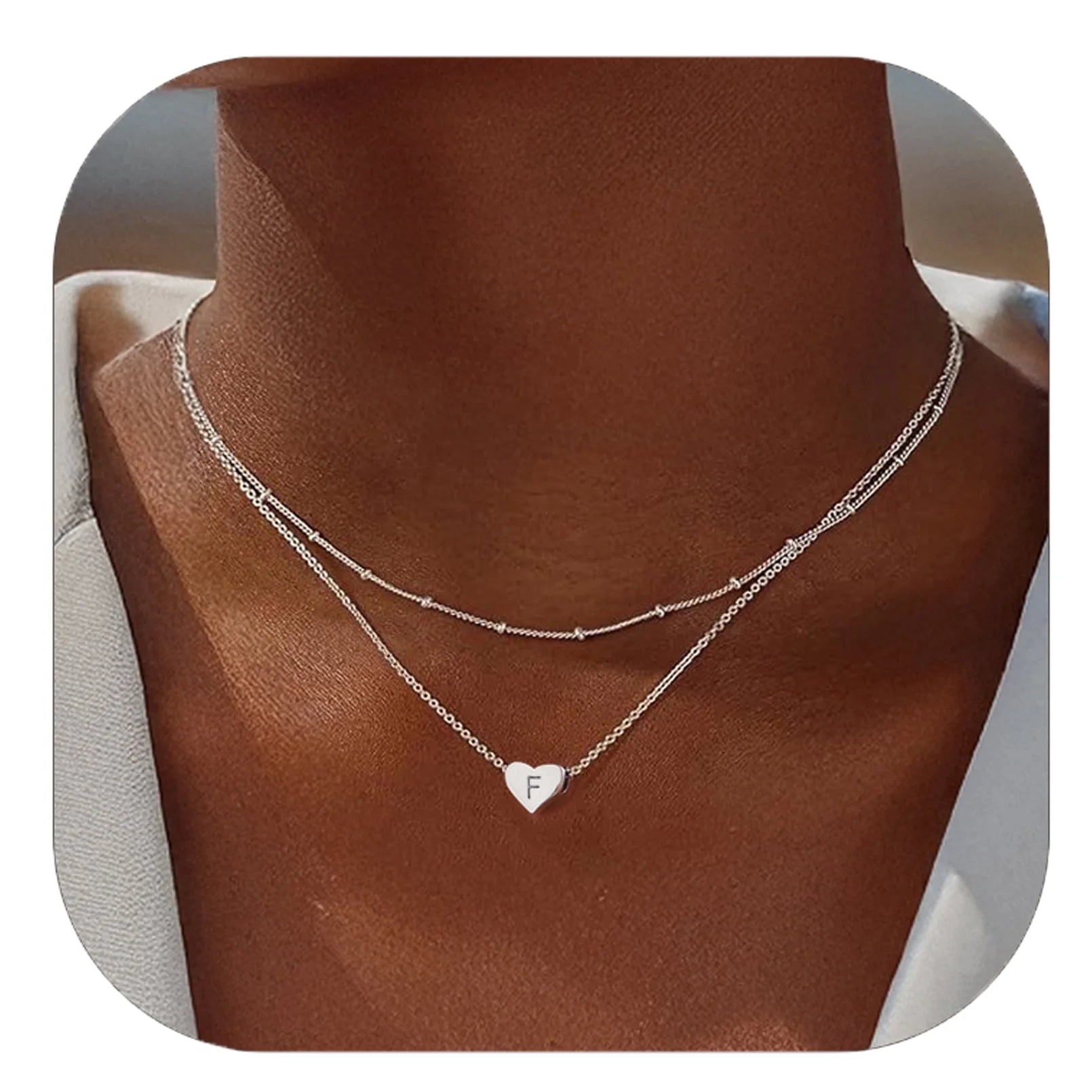 Chicsilver Collares Con Inicial Para Mujer, Collares De Colgante De Corazón De Plata Esterlina, Collar Delicado De Cadena Con Cuentas En Capas Para Uso Diario, Regalo De Joyería Para Mujer