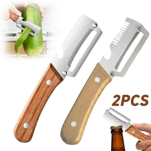 2PCS 2-In-1 Vegetable Peeler with Bottle Opener, Premium Stainless Steel Sharp Blade, Ergonomic Wooden Handle Kitchen Tool for Apple Potato Pumpkin Papaya Carrot Zucchini