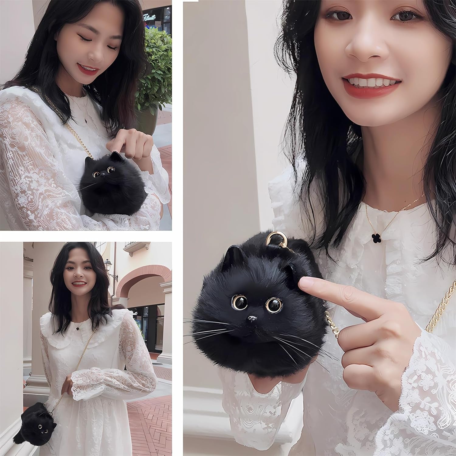 Realistic Cat Shaped Crossbody Handbag for Women - Plush and Puffy Design