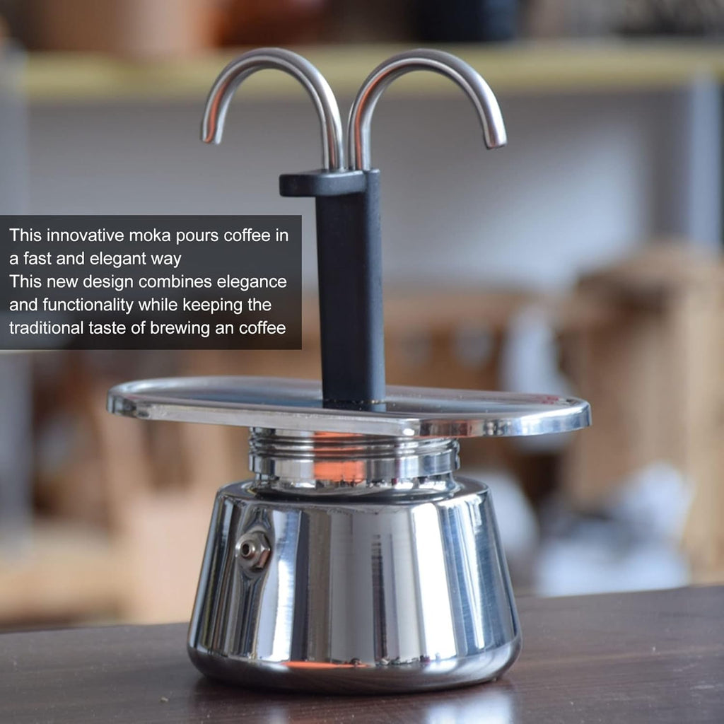 100ml Stainless Steel Mini Moka Pot - Classic Italian Double Tube Espresso Maker for Quick and Easy Stovetop Coffee Preparation for Family and Friends