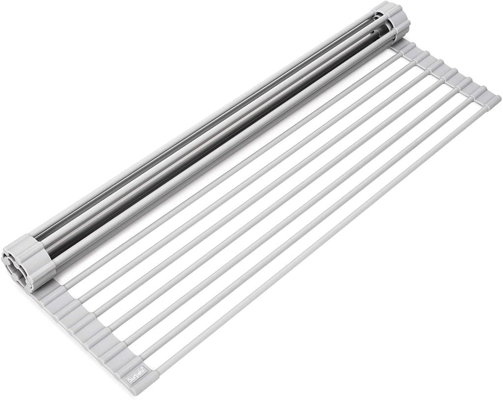 20.5 X 13.1 Inch Roll-Up Dish Drying Rack, Fits across Sink Openings up to 19.5 Inches, Heavy-Duty Premium Silicone, Strong Support, Non-Slip, Heat-Resistant, Warm Gray
