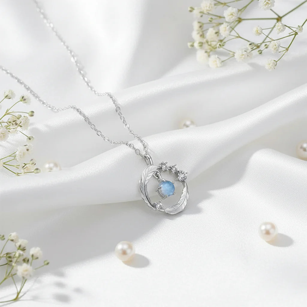 925 Silver Plated Feather Pendant Necklace with Moonstone Bead – Color Changing Aurora Choker for Women