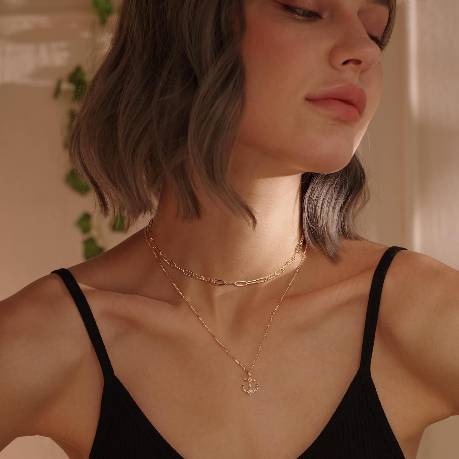Layered Heart Necklace Pendant Handmade 18K Gold Plated Dainty Gold Choker Arrow Bar Layering Long Necklace for Women