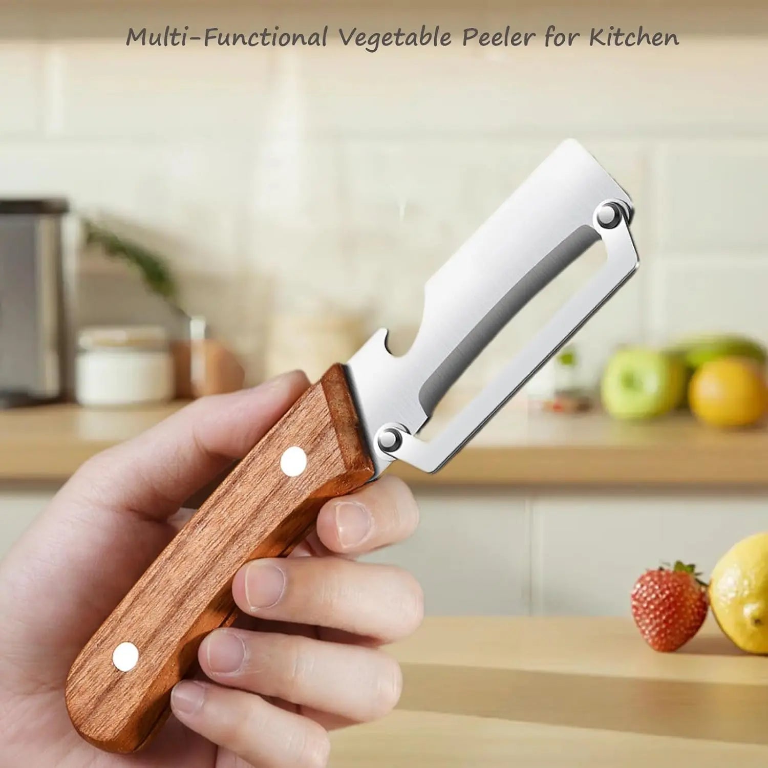 2PCS 2-In-1 Vegetable Peeler with Bottle Opener, Premium Stainless Steel Sharp Blade, Ergonomic Wooden Handle Kitchen Tool for Apple Potato Pumpkin Papaya Carrot Zucchini