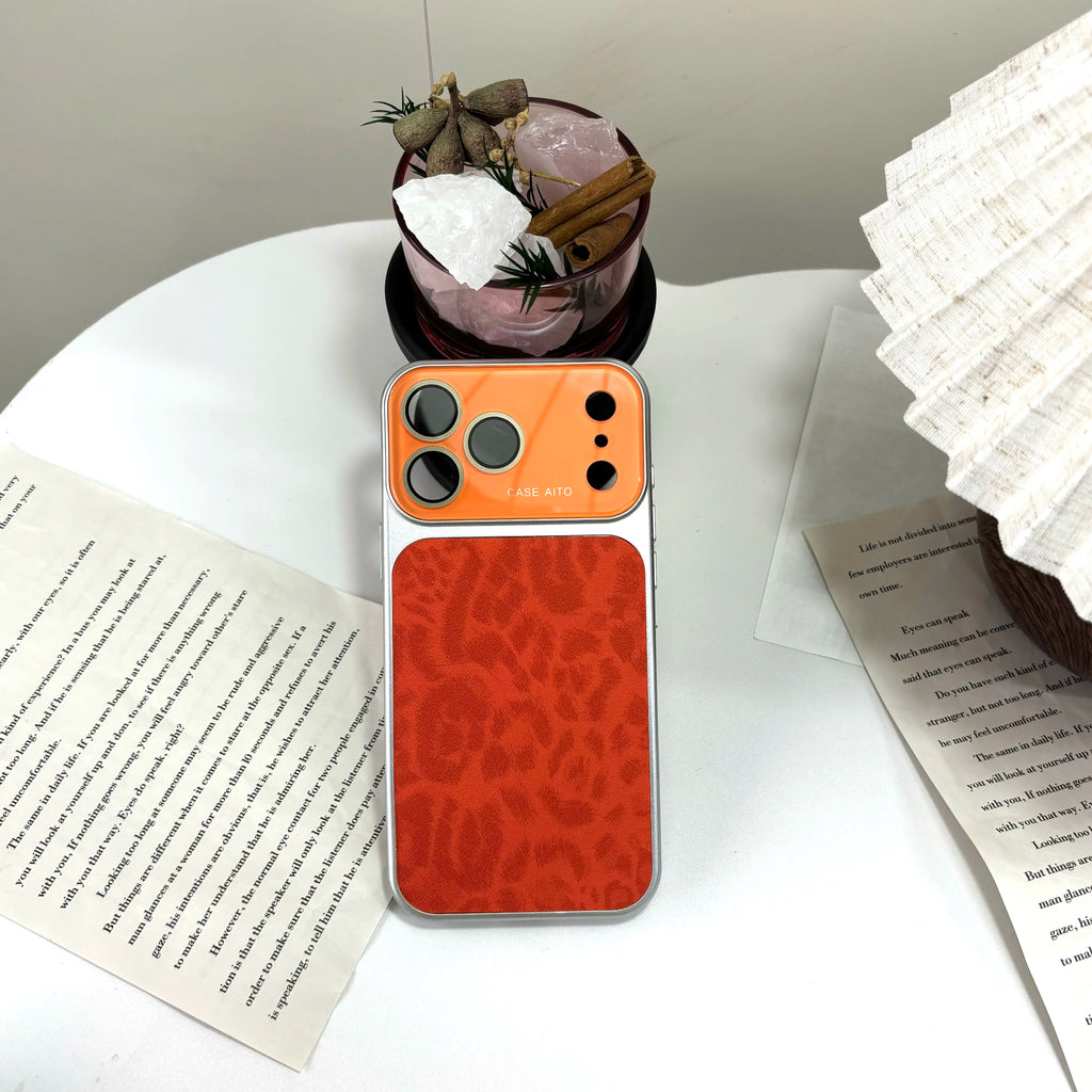 Luxury Leopard Print Large Viewfinder Phonecase for Iphone 17 Pro Max 16 15 14 Pro Max Series, Tpu+Pcdual-Layer Shockproof Protective Cover Withanti-Scratch, Non-Slip & Full Camera Lensprotection, Stylish Orange Faux Suede Texture Outdoorfun