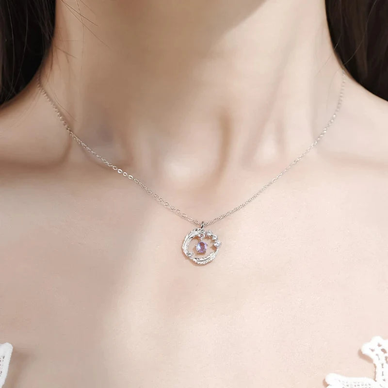 925 Silver Plated Feather Pendant Necklace with Moonstone Bead – Color Changing Aurora Choker for Women