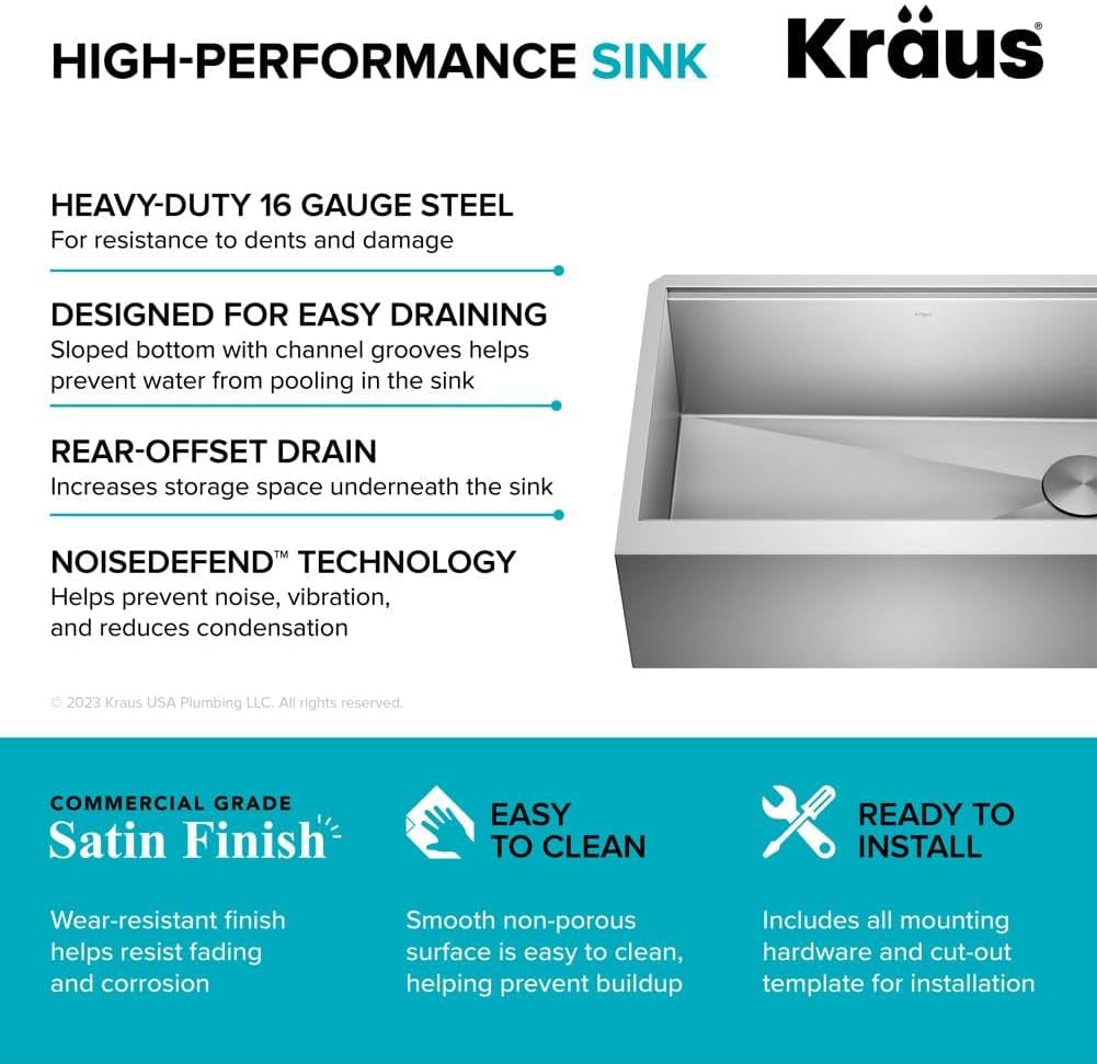 Kore 30-Inch Farmhouse Workstation with in Sink Dish Drying Rack, Stainless Steel Kitchen Sink, KWF410-30