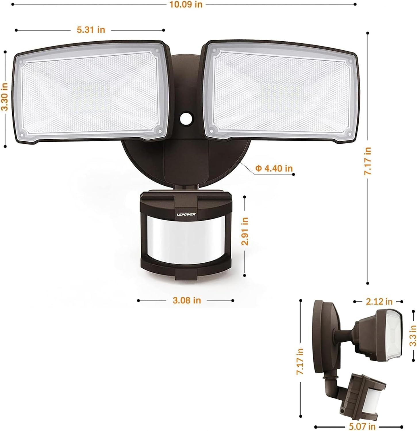 30W LED Security Lights Motion Sensor Light Outdoor, 3200LM Motion Security Light, 5500K, IP65 Waterproof, 2 Head Motion Detector Flood Light for Garage, Yard, Porch, Brown (NOT Solar Powered)
