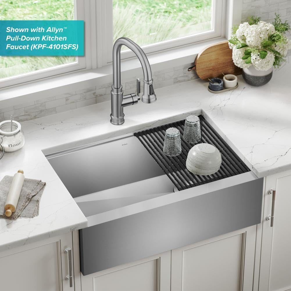 Kore 30-Inch Farmhouse Workstation with in Sink Dish Drying Rack, Stainless Steel Kitchen Sink, KWF410-30