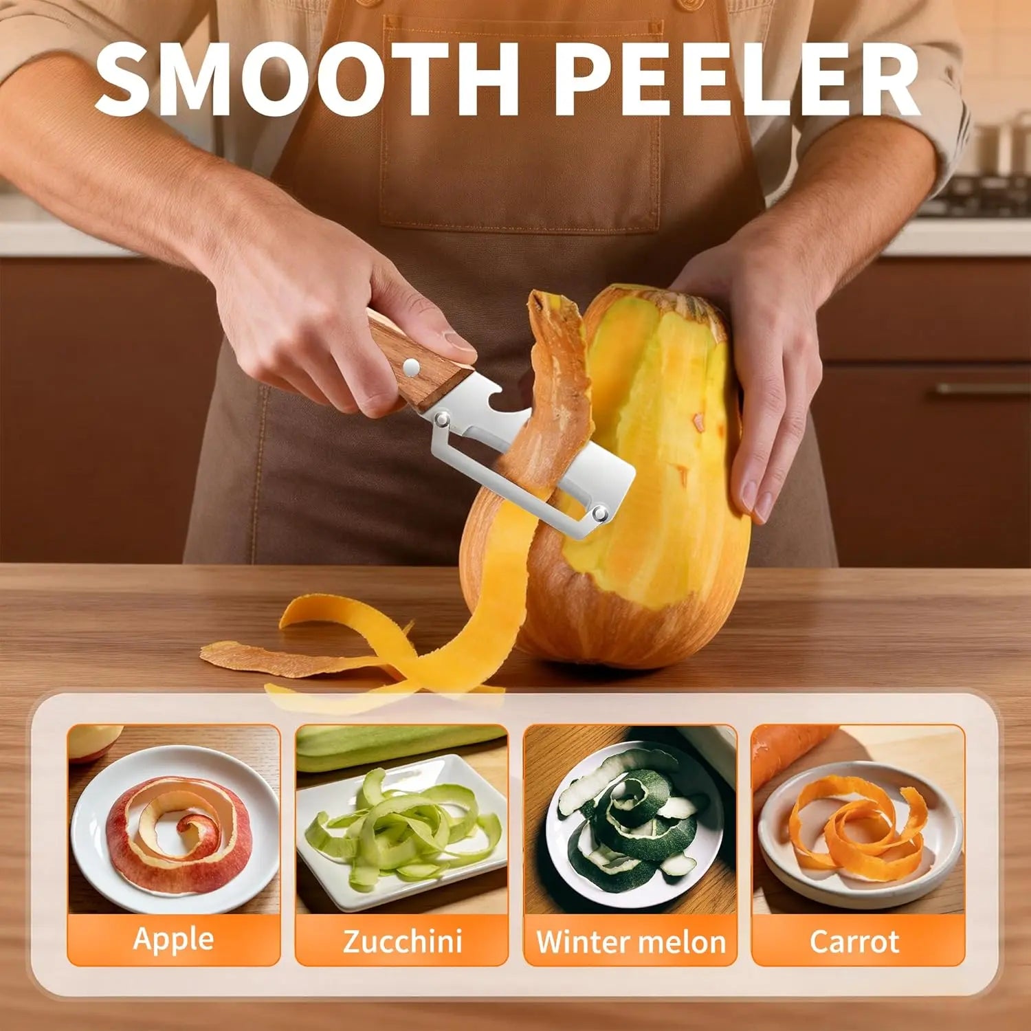 2PCS 2-In-1 Vegetable Peeler with Bottle Opener, Premium Stainless Steel Sharp Blade, Ergonomic Wooden Handle Kitchen Tool for Apple Potato Pumpkin Papaya Carrot Zucchini
