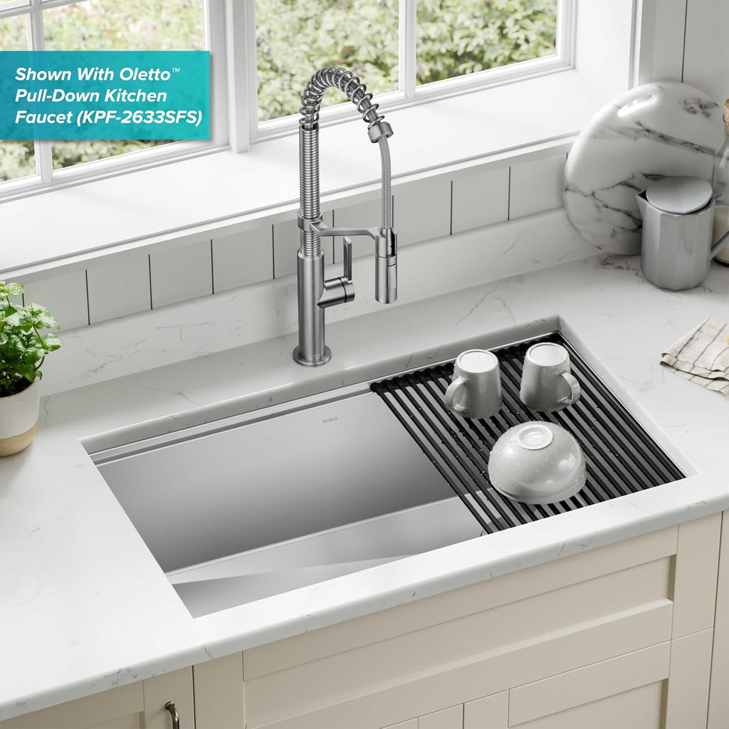 Kore 32-Inch Undermount Workstation 16 Gauge Single Bowl Stainless Steel Kitchen Sink with Accessories, KWU110-32