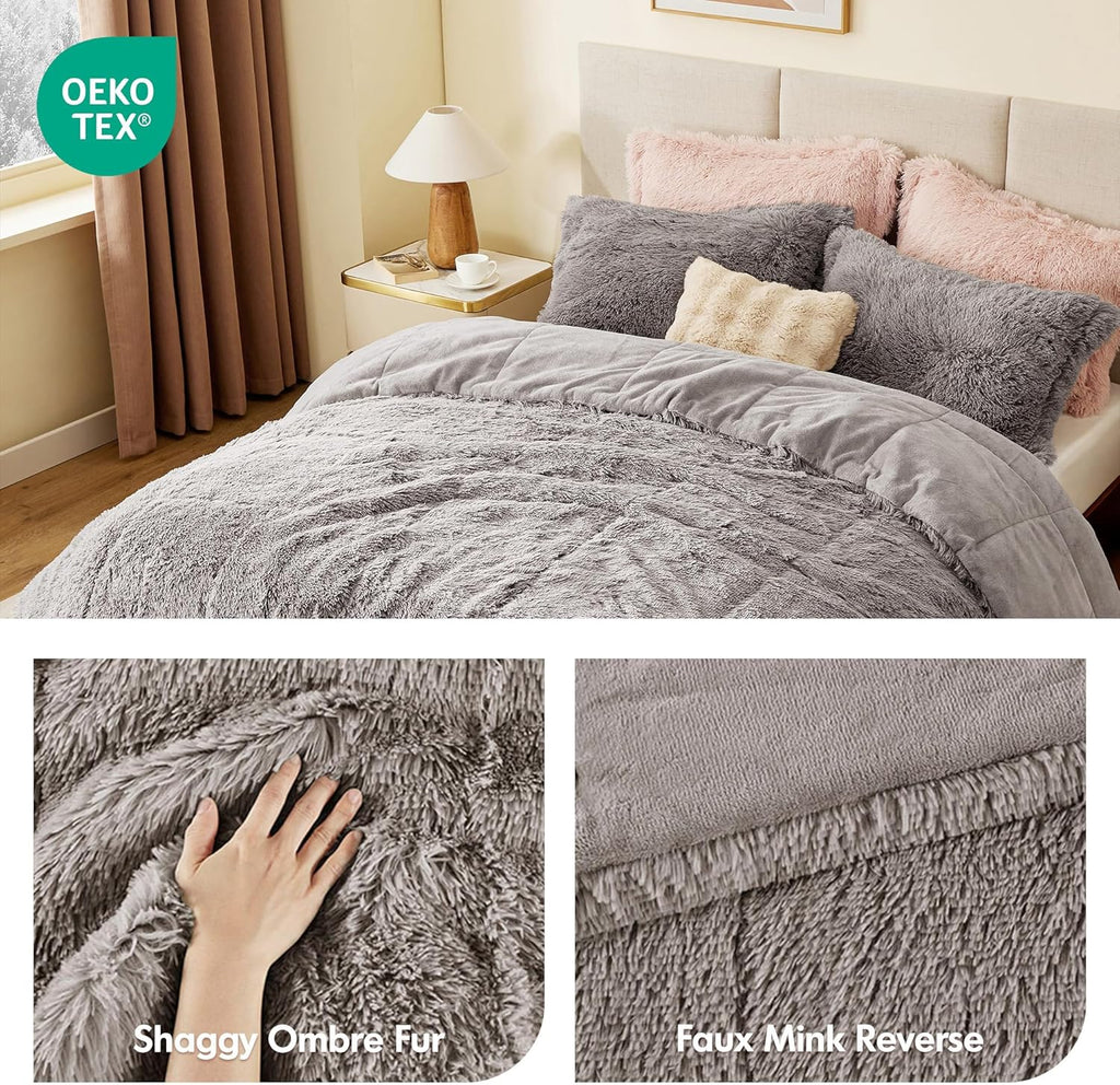 Malea Shaggy Comforter Set, Long Faux Fur Cozy down Alternative, Modern Casual Ultra Soft All Season Fluffy Bedding with Matching Sham, King/Cal King, Grey 3 Piece