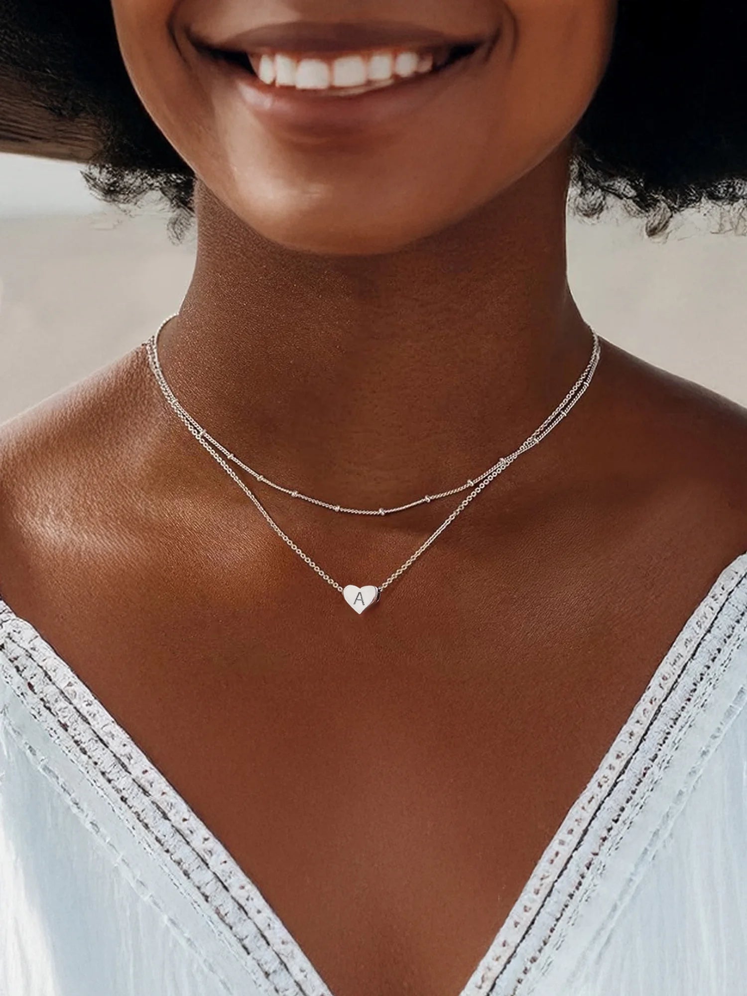 Chicsilver Collares Con Inicial Para Mujer, Collares De Colgante De Corazón De Plata Esterlina, Collar Delicado De Cadena Con Cuentas En Capas Para Uso Diario, Regalo De Joyería Para Mujer