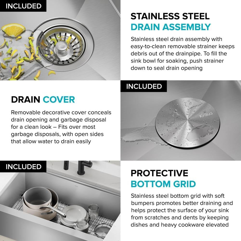 Kore 30-Inch Farmhouse Workstation with in Sink Dish Drying Rack, Stainless Steel Kitchen Sink, KWF410-30