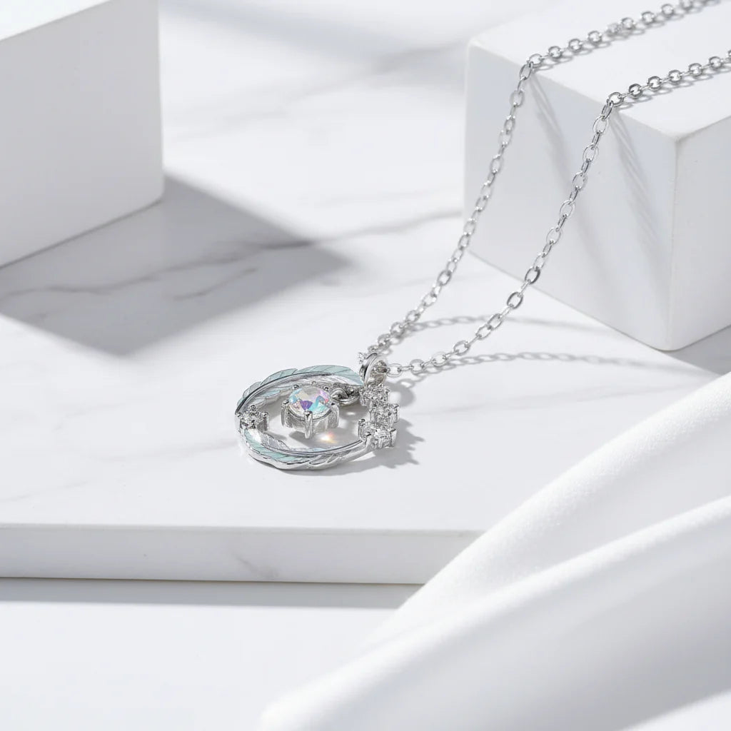 925 Silver Plated Feather Pendant Necklace with Moonstone Bead – Color Changing Aurora Choker for Women