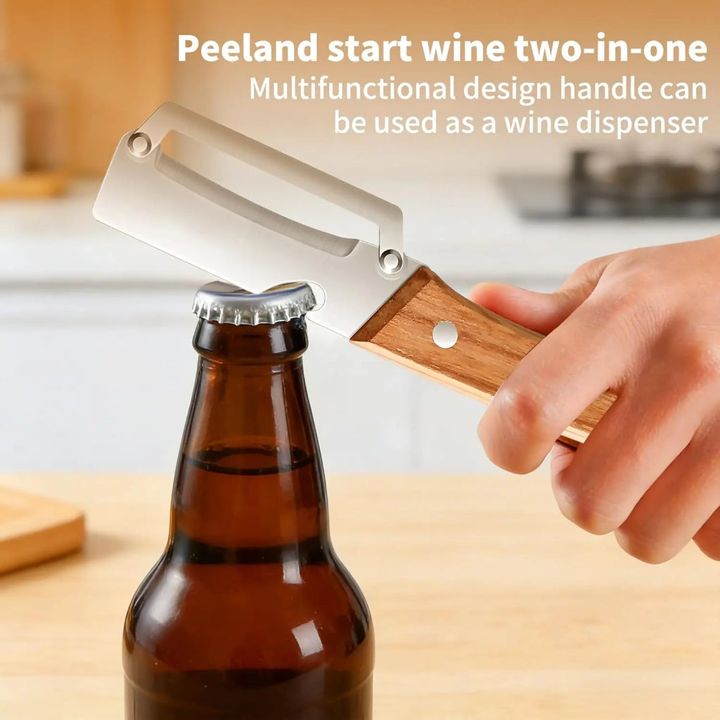 2PCS 2-In-1 Vegetable Peeler with Bottle Opener, Premium Stainless Steel Sharp Blade, Ergonomic Wooden Handle Kitchen Tool for Apple Potato Pumpkin Papaya Carrot Zucchini