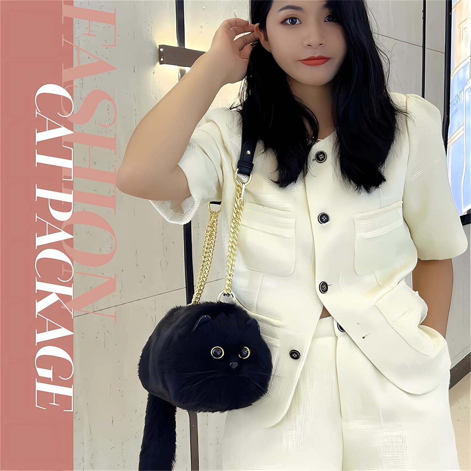 Realistic Cat Shaped Crossbody Handbag for Women - Plush and Puffy Design