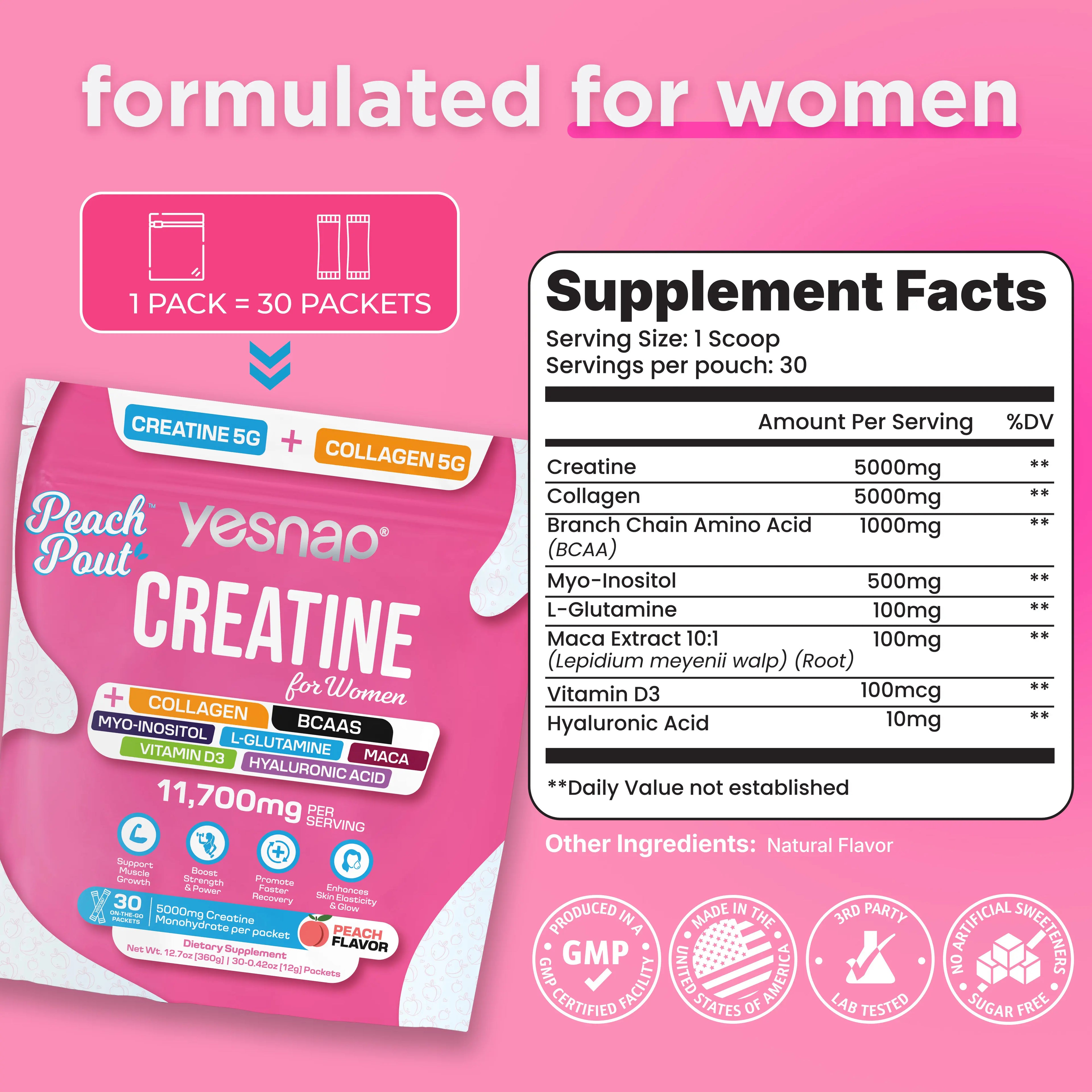 YESNAP Peachpout Creatine for Women, 5G Creatine Monohydrate + 5G Collagen Powder, Myo-Inositol & BCAA, MACA, Hyaluronic Acid, Delicious Peach Flavor, 30 Packets, All-In-One Women Wellness Supplement