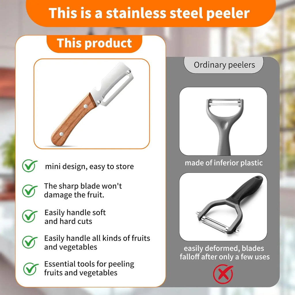 2PCS 2-In-1 Vegetable Peeler with Bottle Opener, Premium Stainless Steel Sharp Blade, Ergonomic Wooden Handle Kitchen Tool for Apple Potato Pumpkin Papaya Carrot Zucchini