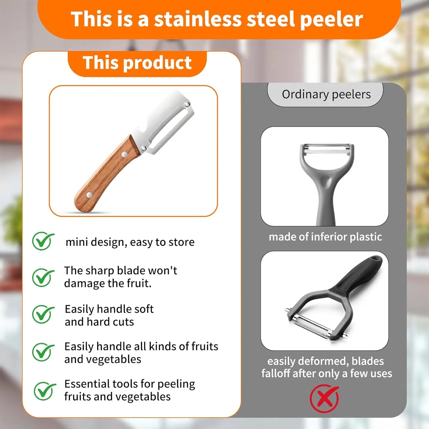 2PCS 2-In-1 Vegetable Peeler with Bottle Opener, Premium Stainless Steel Sharp Blade, Ergonomic Wooden Handle Kitchen Tool for Apple Potato Pumpkin Papaya Carrot Zucchini