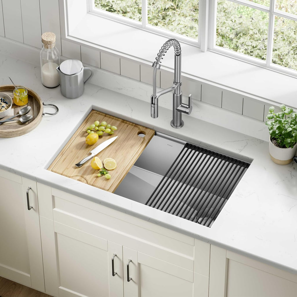 Kore 32-Inch Undermount Workstation 16 Gauge Single Bowl Stainless Steel Kitchen Sink with Accessories, KWU110-32