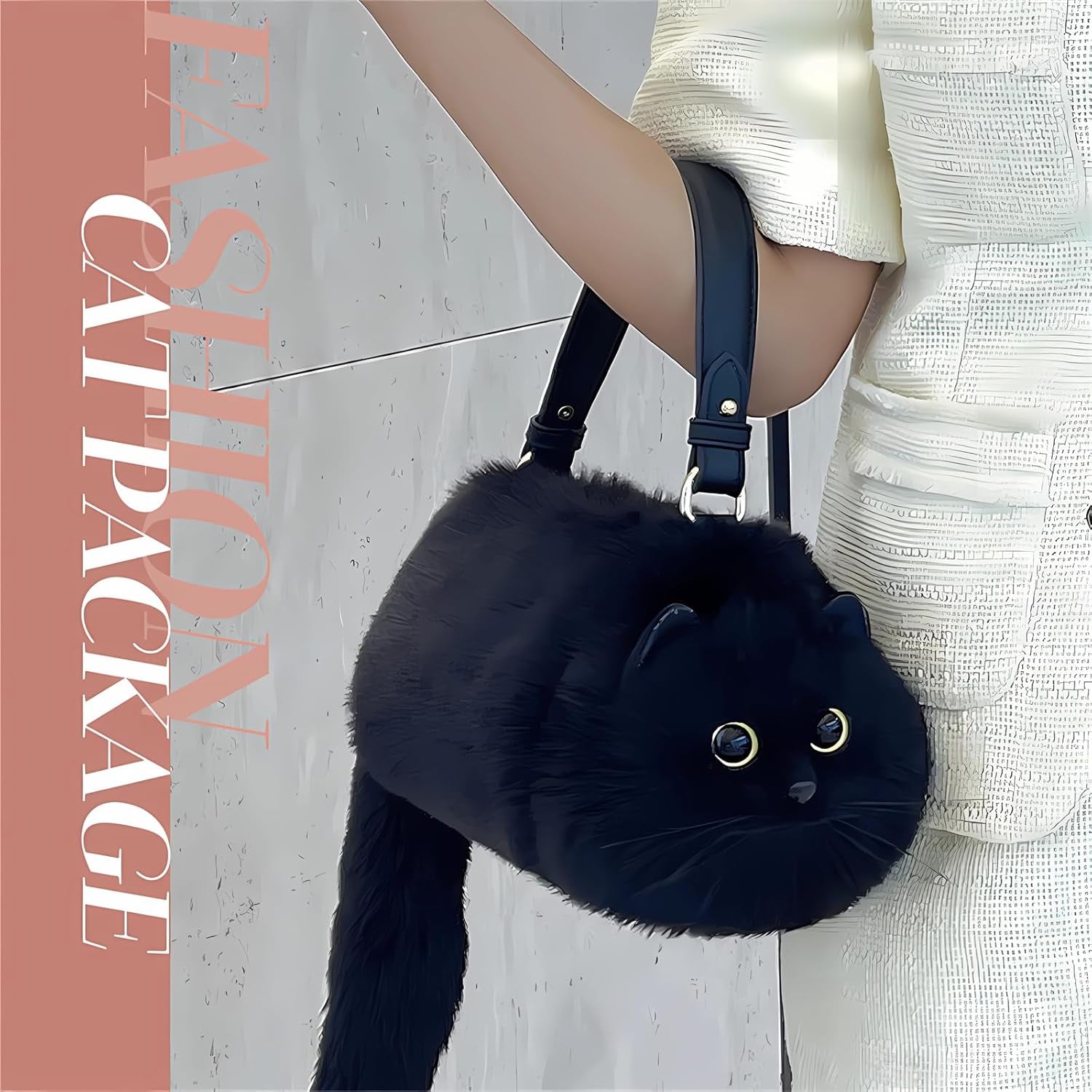 Realistic Cat Shaped Crossbody Handbag for Women - Plush and Puffy Design
