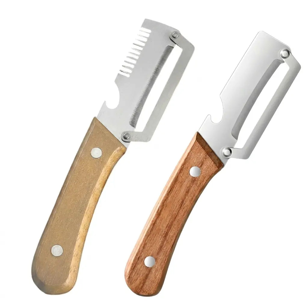 2PCS 2-In-1 Vegetable Peeler with Bottle Opener, Premium Stainless Steel Sharp Blade, Ergonomic Wooden Handle Kitchen Tool for Apple Potato Pumpkin Papaya Carrot Zucchini