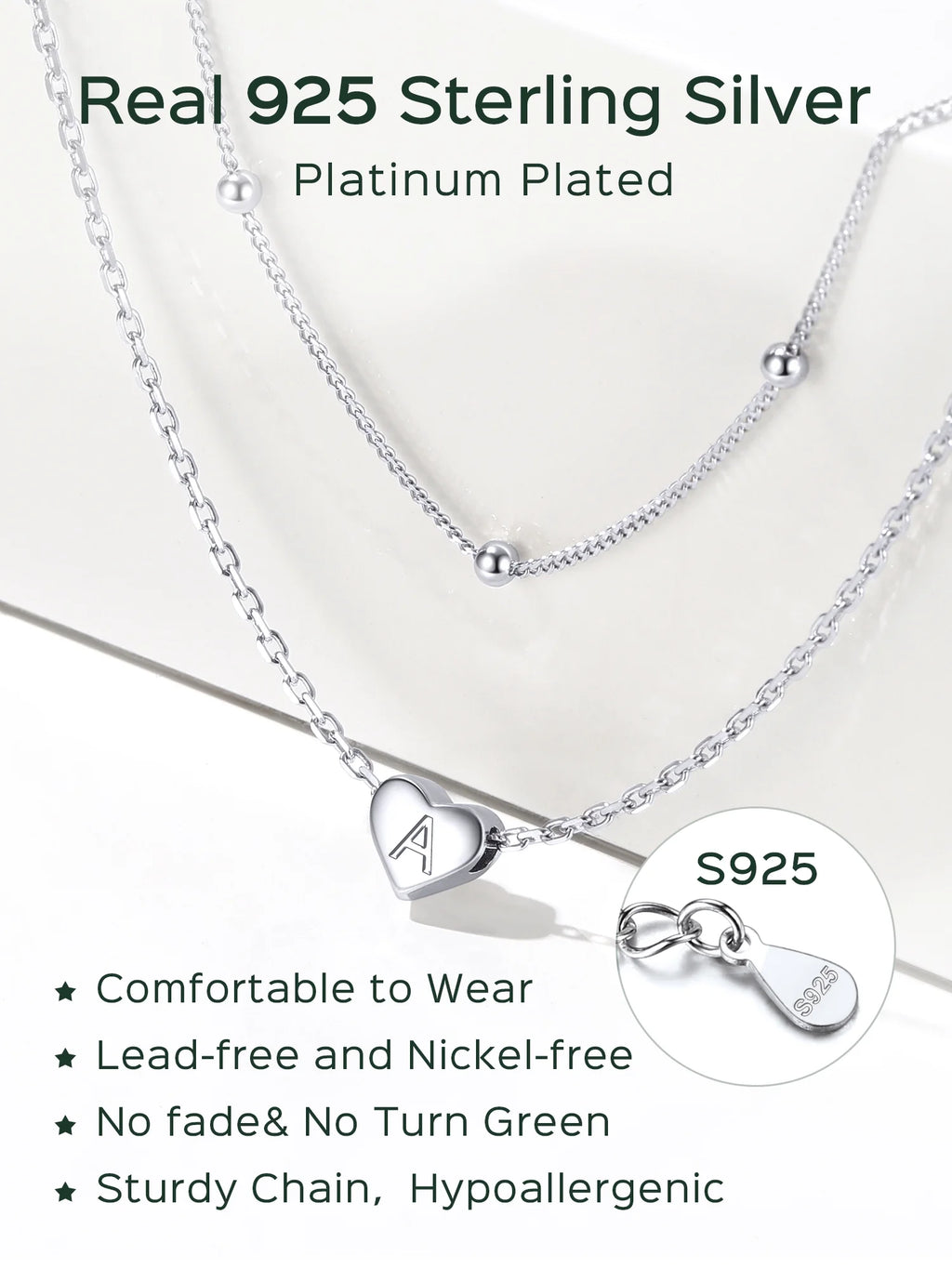 Chicsilver Collares Con Inicial Para Mujer, Collares De Colgante De Corazón De Plata Esterlina, Collar Delicado De Cadena Con Cuentas En Capas Para Uso Diario, Regalo De Joyería Para Mujer