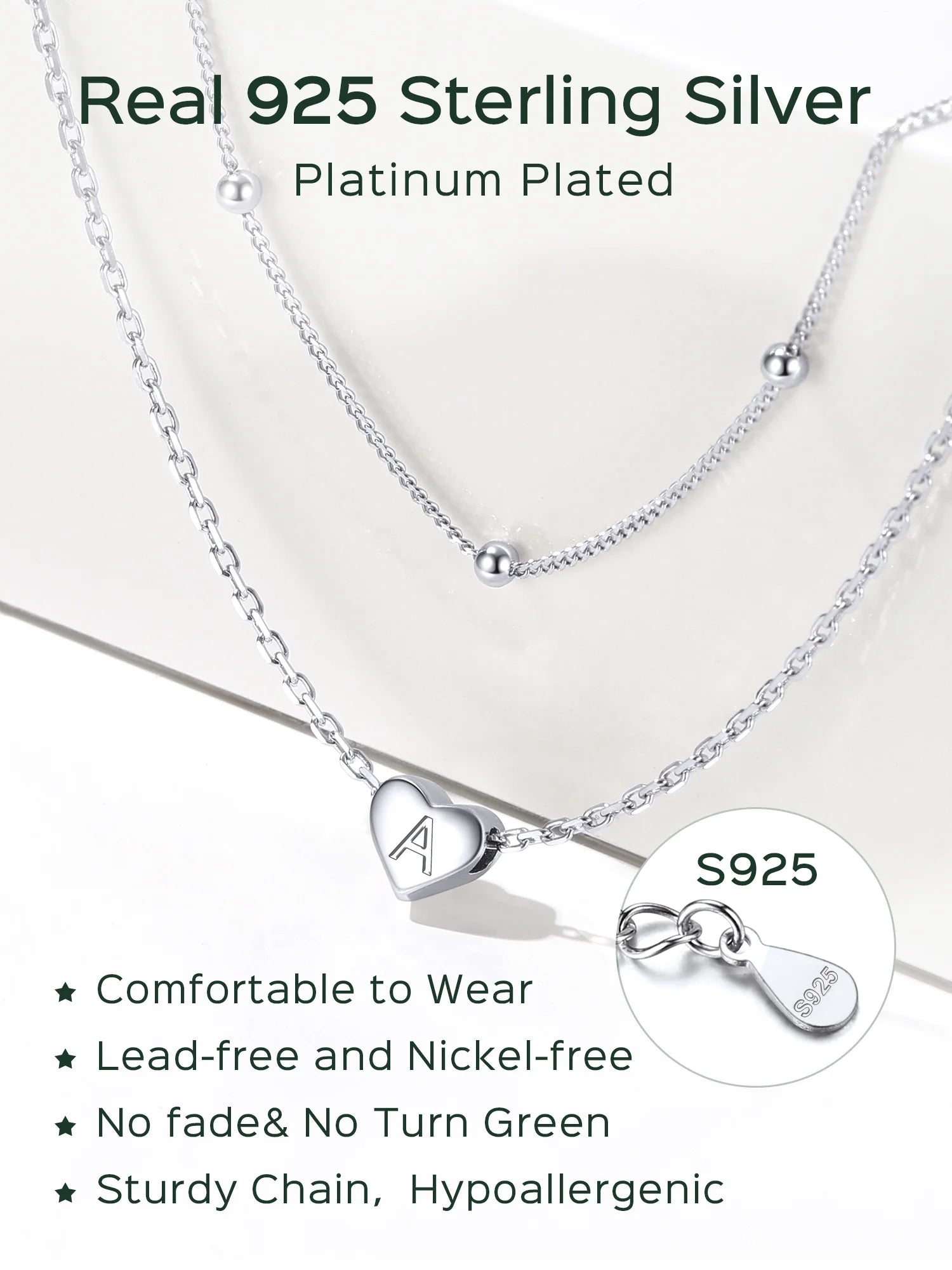 Chicsilver Collares Con Inicial Para Mujer, Collares De Colgante De Corazón De Plata Esterlina, Collar Delicado De Cadena Con Cuentas En Capas Para Uso Diario, Regalo De Joyería Para Mujer