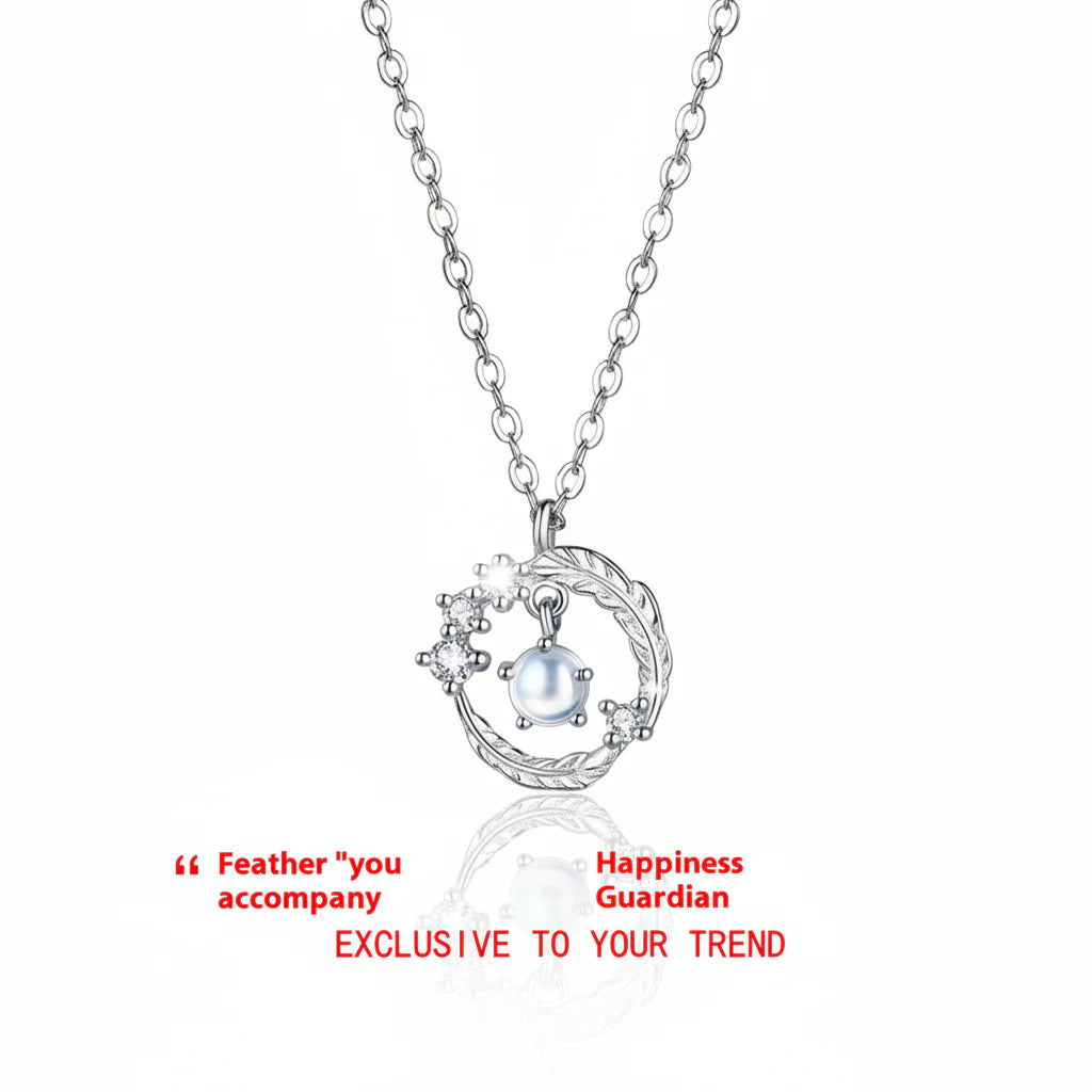 925 Silver Plated Feather Pendant Necklace with Moonstone Bead – Color Changing Aurora Choker for Women