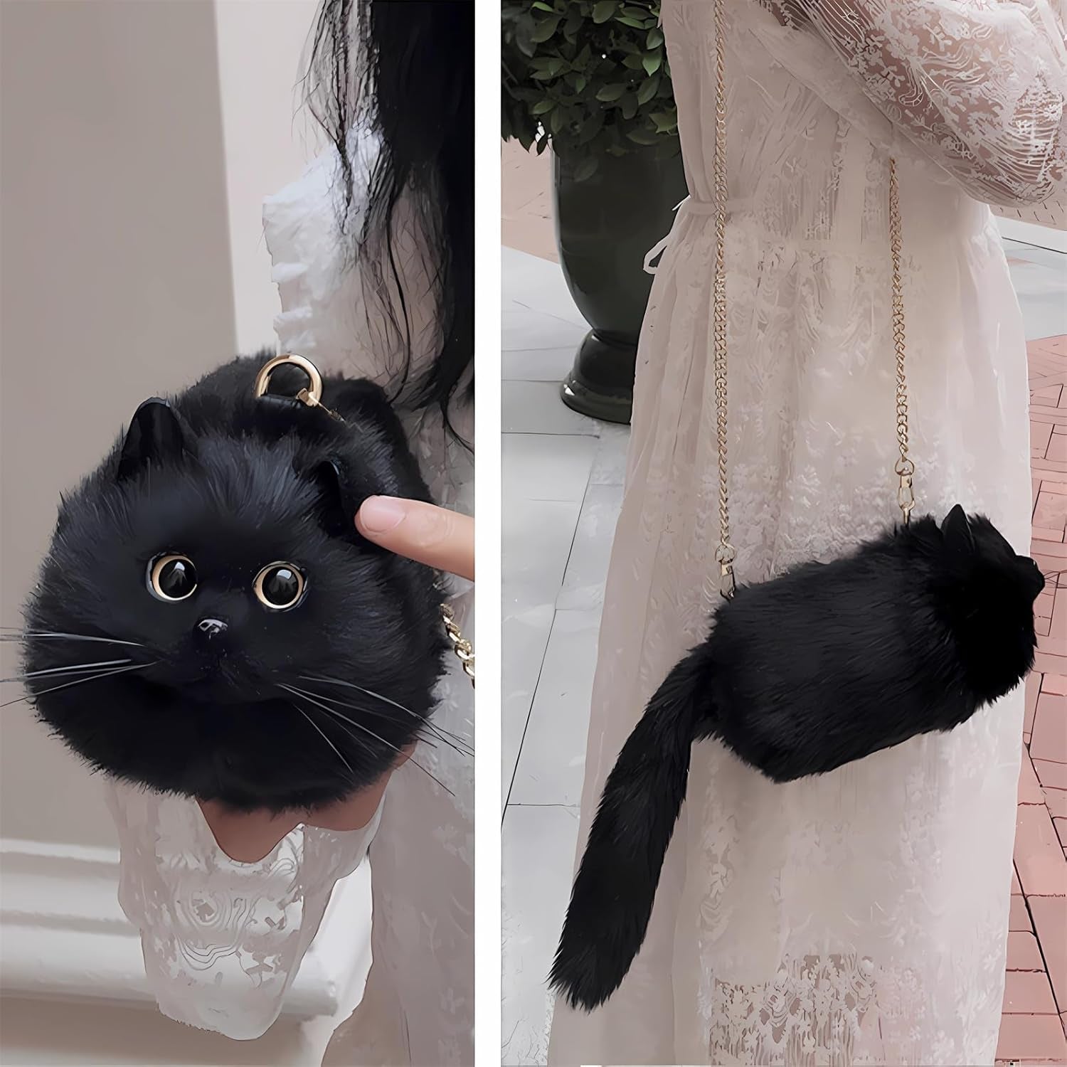 Realistic Cat Shaped Crossbody Handbag for Women - Plush and Puffy Design