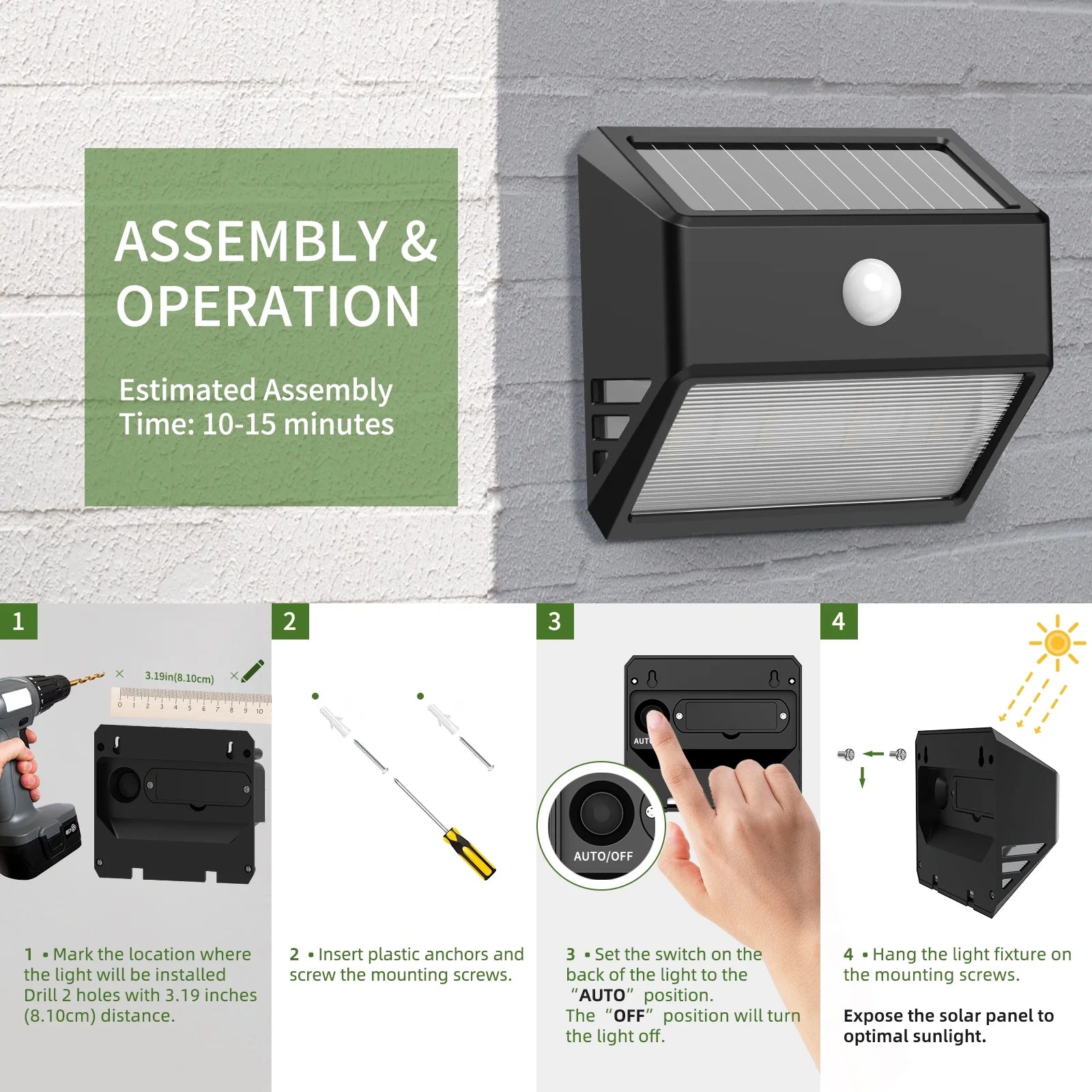 LED Solar Powered Motion Outdoor Security Wall Light, Motion Activated, 200 Lumens