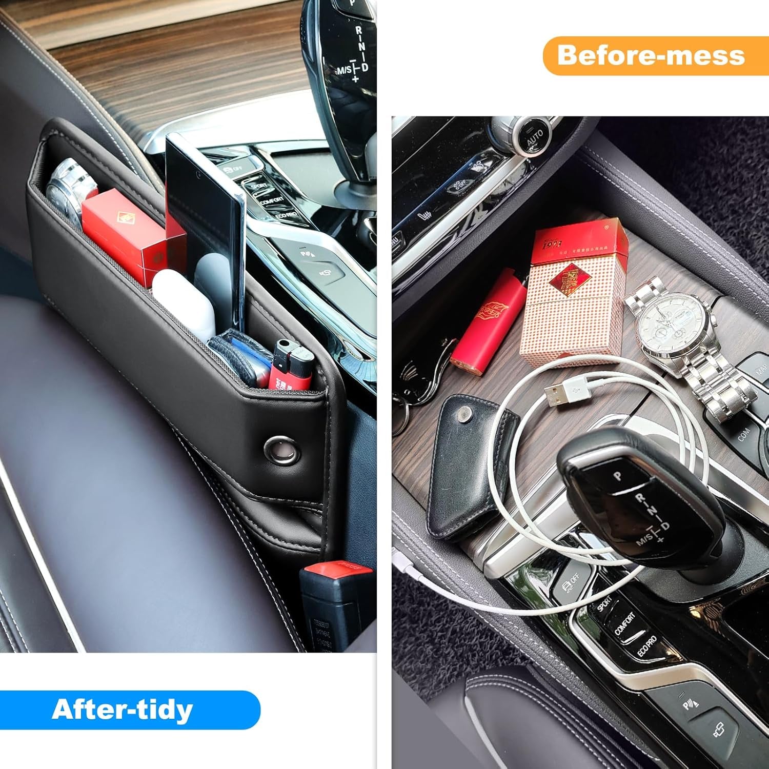 Car Seat Gap Filler, Universal Fit Car Seat Gap Storage Organizer, Premium Faux Leather Front Seats Adjustable Gap Filler, Car Seat Storage Box for Phones, Glasses, Wallets, Key (C 1 Pack)