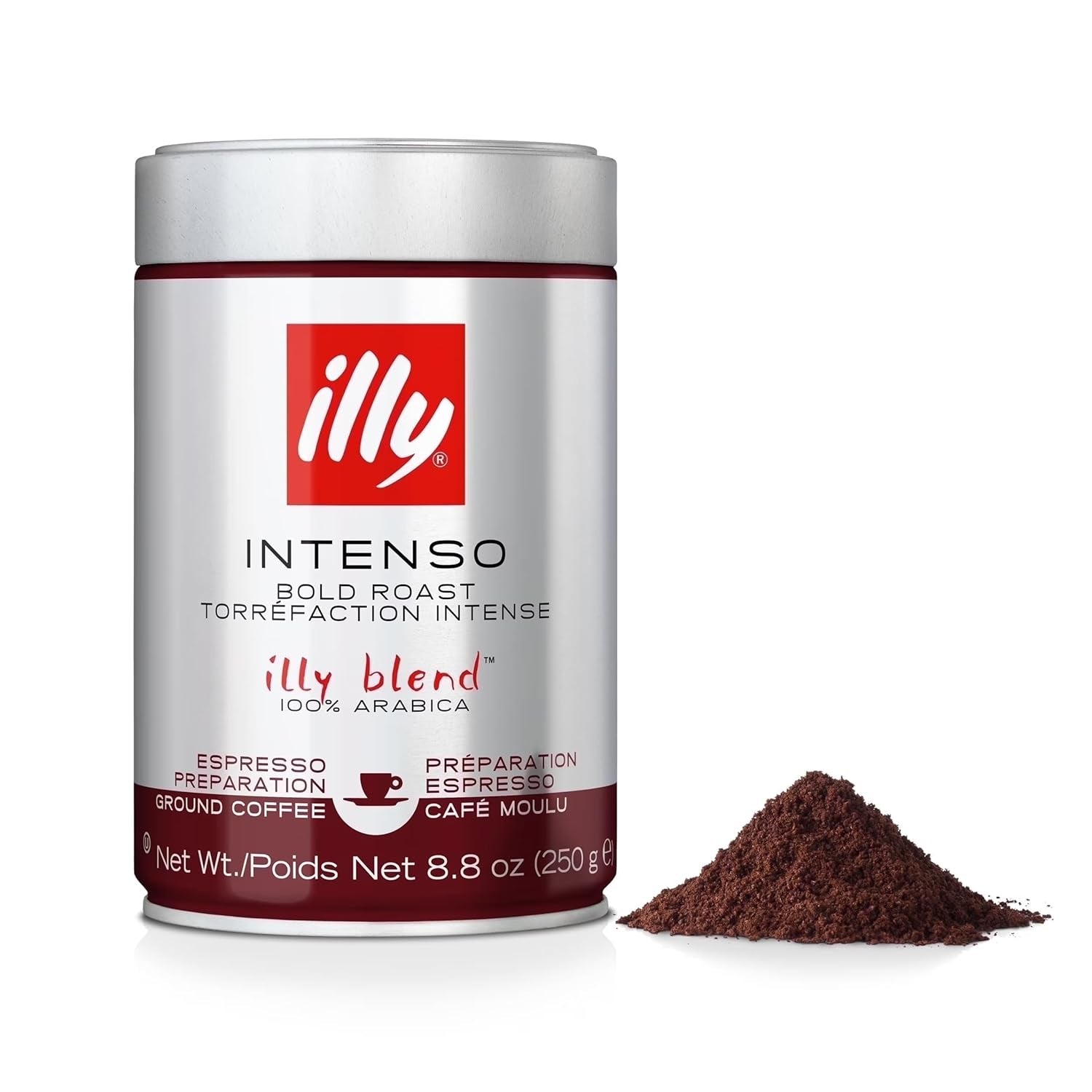 Intenso Ground Espresso Coffee, Bold Roast, Intense, Robust and Full Flavored with Notes of Deep Cocoa, 100% Arabica Coffee, No Preservatives, 8.8 Ounce Can (Pack of 1)