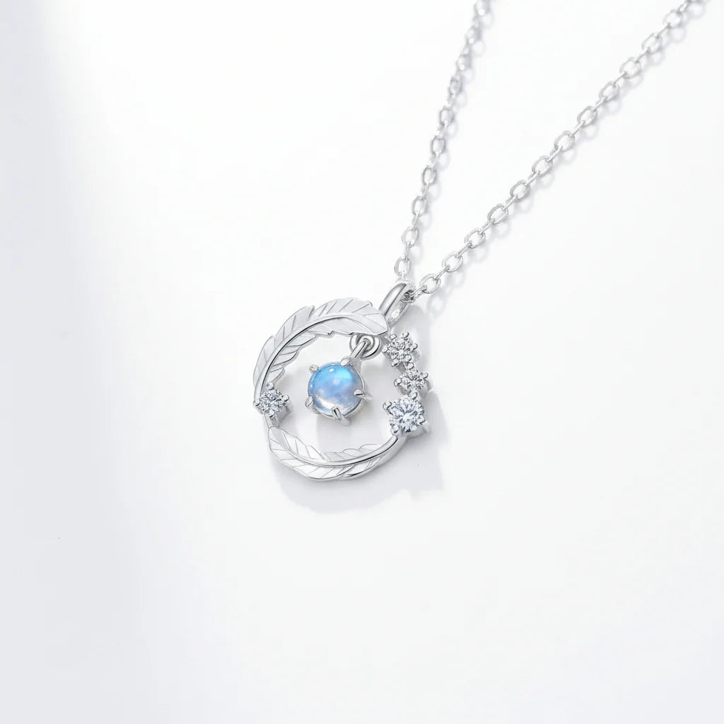 925 Silver Plated Feather Pendant Necklace with Moonstone Bead – Color Changing Aurora Choker for Women