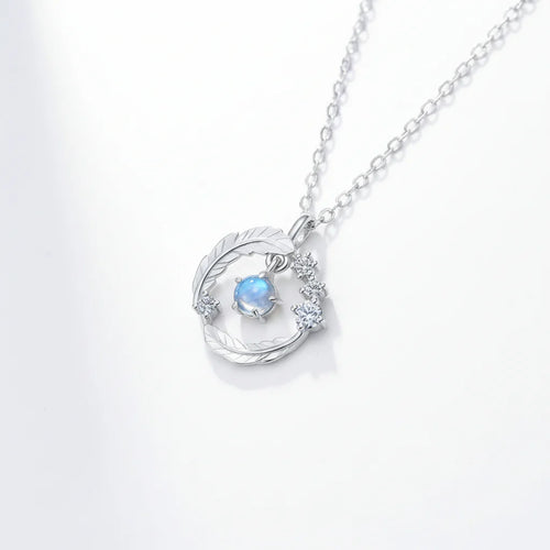 925 Silver Plated Feather Pendant Necklace with Moonstone Bead – Color Changing Aurora Choker for Women