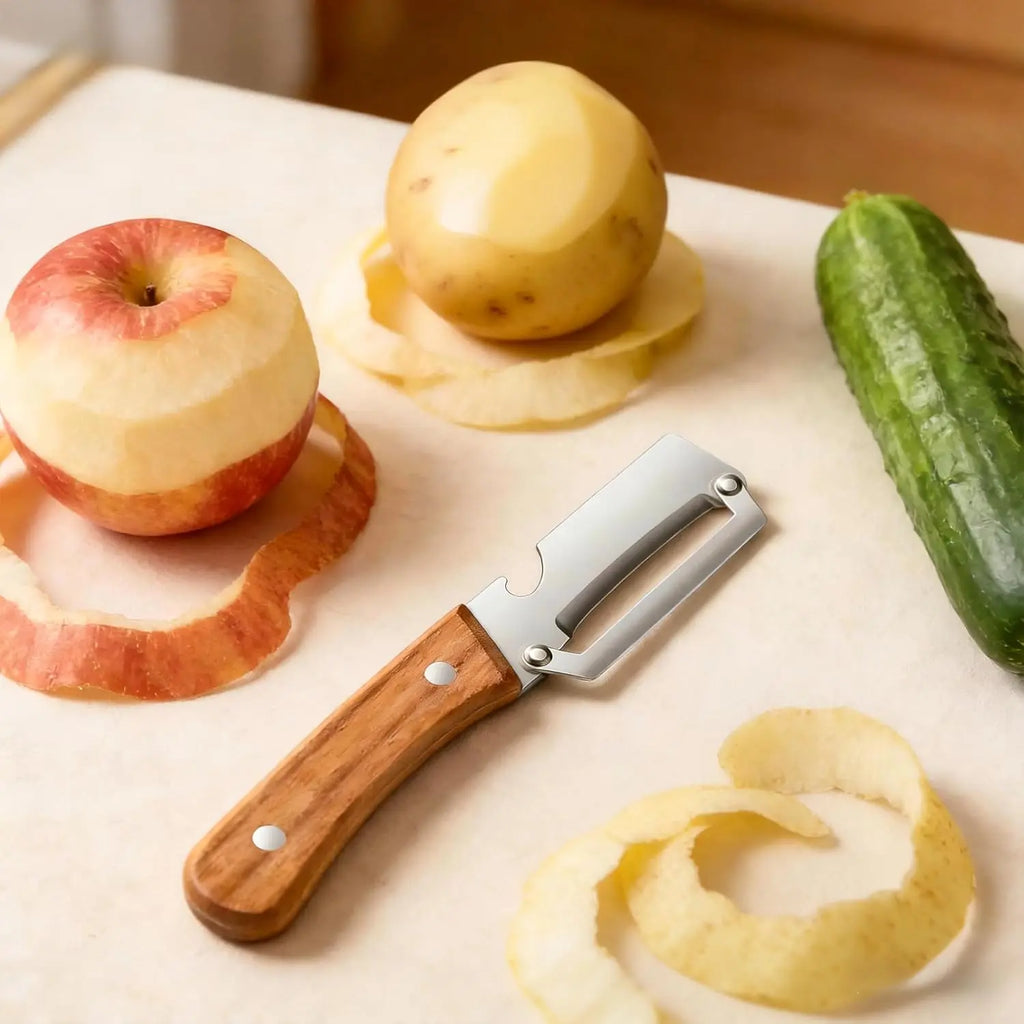 2PCS 2-In-1 Vegetable Peeler with Bottle Opener, Premium Stainless Steel Sharp Blade, Ergonomic Wooden Handle Kitchen Tool for Apple Potato Pumpkin Papaya Carrot Zucchini